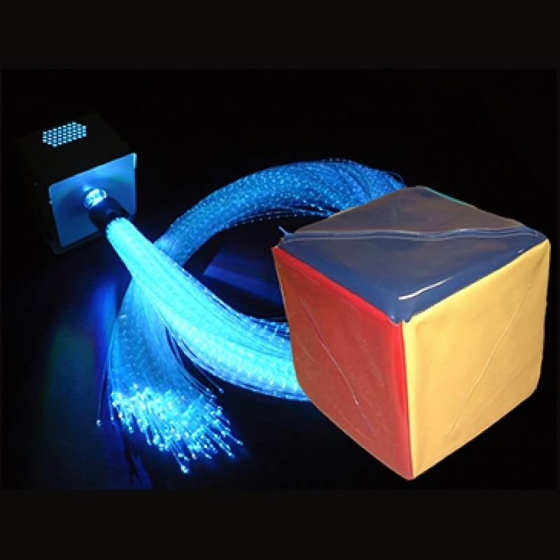 Top close-up view of the Experia IRiS LED Fibre Optic Bundle with Qube in blue light showing the fibre optic strands and the roll-to-change colour wireless IRiS interaction