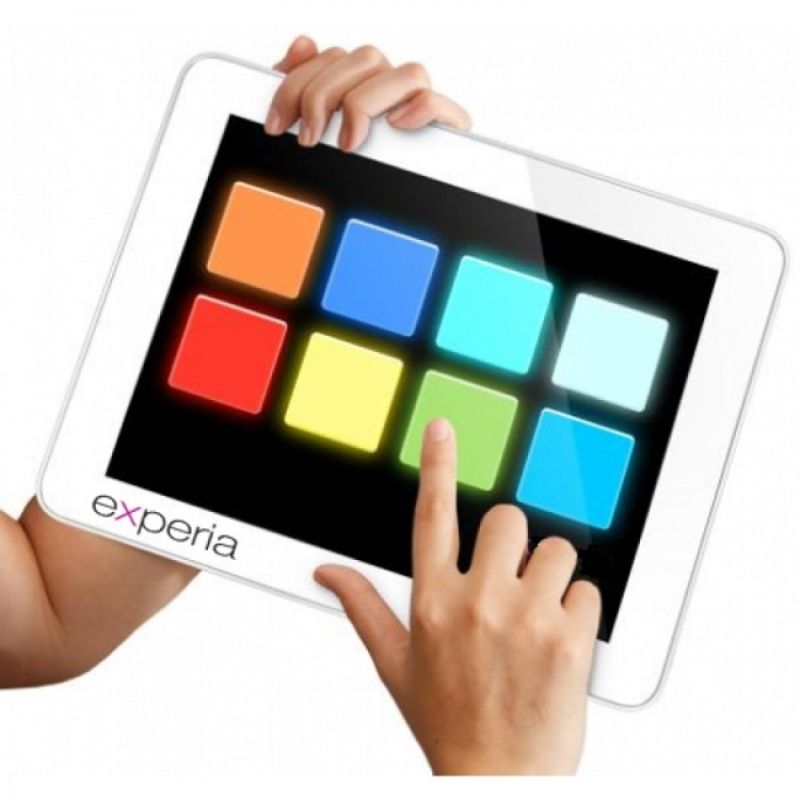 Close-up of the IRiS+ App interface on an Apple device paired with the Experia IRiS+ Bubble Wall iConverter bundle, showing the 7 interaction switch types available