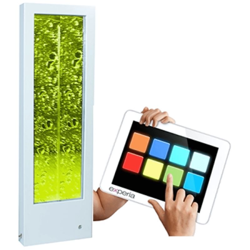 Experia IRiS+ Bubble Wall with iConverter showing the wall-mounted sensory bubble wall alongside the IRiS+ App on an Apple device, the complete bundle for iPad-controlled sensory room lighting