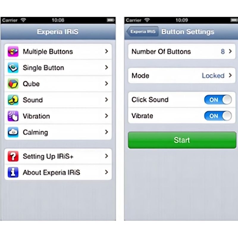 Detailed view of the IRiS+ App interface on an Apple device showing the 7 interaction switch controls for the Experia IRiS+ LED Fibre Optic Bundle with iConverter