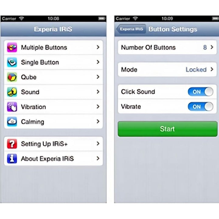 Detailed view of the IRiS+ App interface on an Apple device showing the 7 interaction switch controls for the Experia IRiS+ LED Fibre Optic Bundle with iConverter