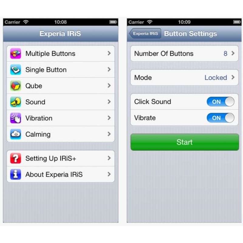 Detailed view of the IRiS+ App interface on an Apple device paired with the Experia IRiS+ iConverter, showing the 7 interaction switch types including sound, touch, vibration, and movement