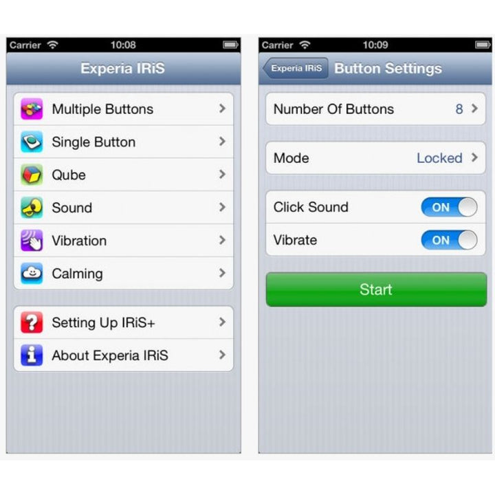 Detailed view of the IRiS+ App interface on an Apple device paired with the Experia IRiS+ iConverter, showing the 7 interaction switch types including sound, touch, vibration, and movement