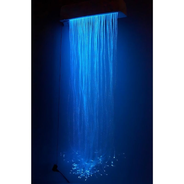 Experia LED Fibre Optic Wall Cascade front view in blue light showing 150 colour-changing fibre optic strands cascading 78 inches from the wall-mounted enclosure