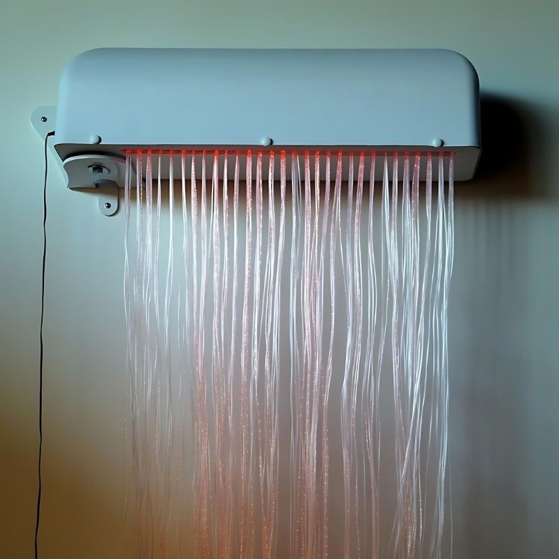 Close-up of the Experia LED Fibre Optic Wall Cascade installed on the wall, showing the 30-inch wide enclosure box and the LED fibre optic strands cascading from the base