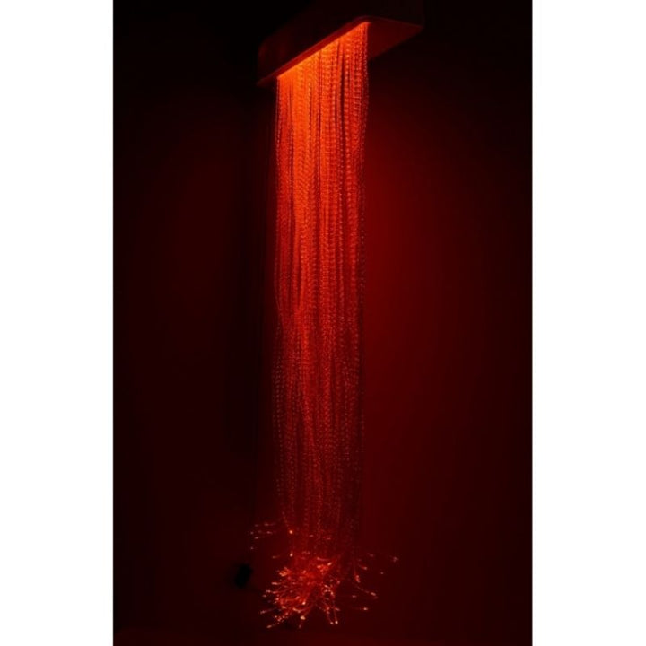 Experia LED Fibre Optic Wall Cascade corner room view in red light showing the full sensory room installation context of the 78-inch cascading fibre optic curtain