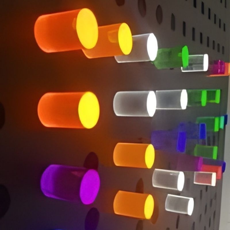 Close-up view of the Experia PixelPop Interactive Light Panel showing the 1" diameter glowing coloured pegs inserted into the backlit board with the trap door system keeping empty holes dark