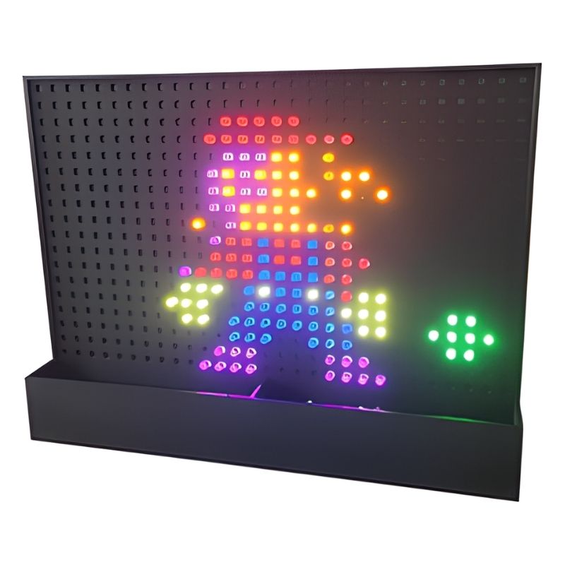 Experia PixelPop Interactive Light Panel showing a vibrant pixel art design created with the 8-colour glowing pegs, demonstrating the crisp trap door system with no backlight bleed