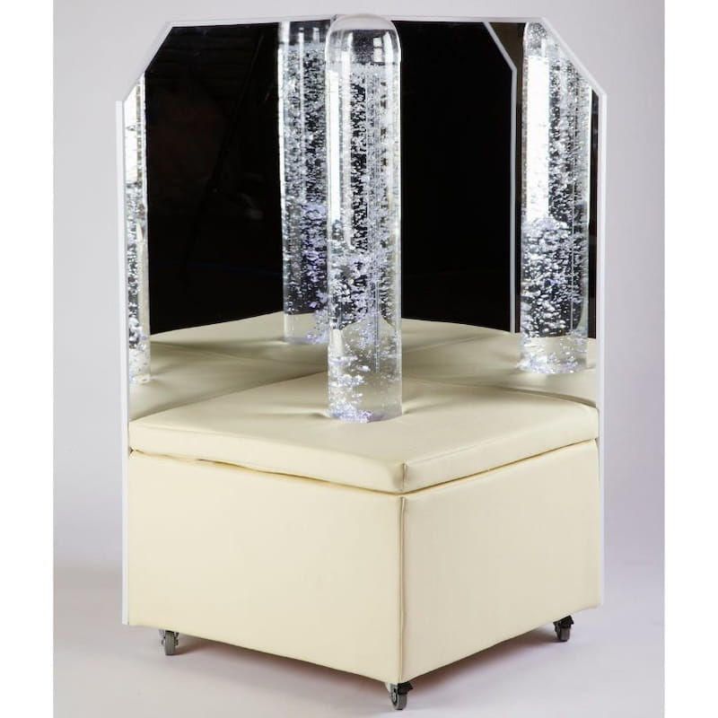 Experia Portable Bubble Tube Corner in clear light showing the wheeled LED bubble tube platform with acrylic mirrors in a well lit room, demonstrating the mobile sensory bubble tube for home and clinical settings