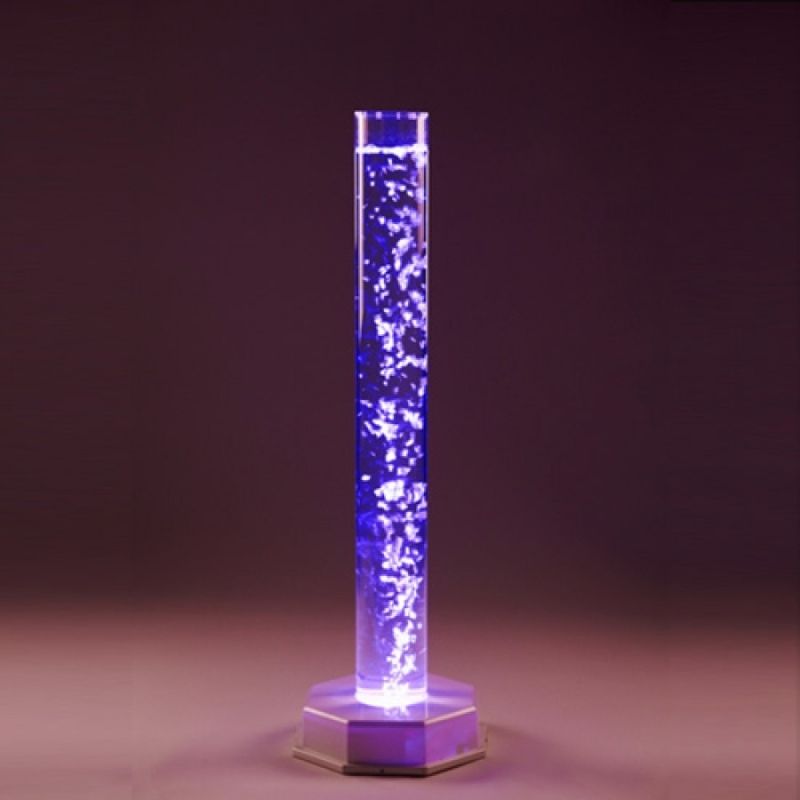 Experia Portable LED Bubble Tube landscape view in purple light showing the compact 40-inch colour-cycling bubble tube designed for home, bedroom, clinical and portable school use