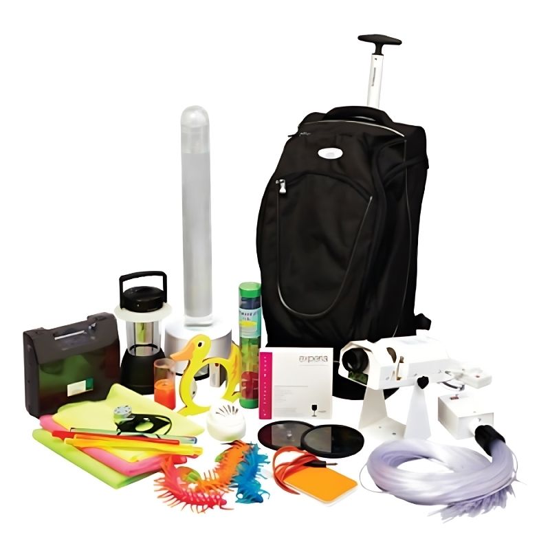 Experia Sensory Backpack Diamond landscape clean view showing the portable roller case multi-sensory kit containing 20+ sensory tools including bubble tube, fibre optics, and aromatherapy for mobile practitioners and caregivers