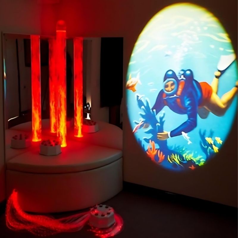 Experia Sensory Corner Bundle corner view with Scuba red Aurora projector light effect, showing the complete corner sensory kit with bubble tube and projector in a single-corner installation
