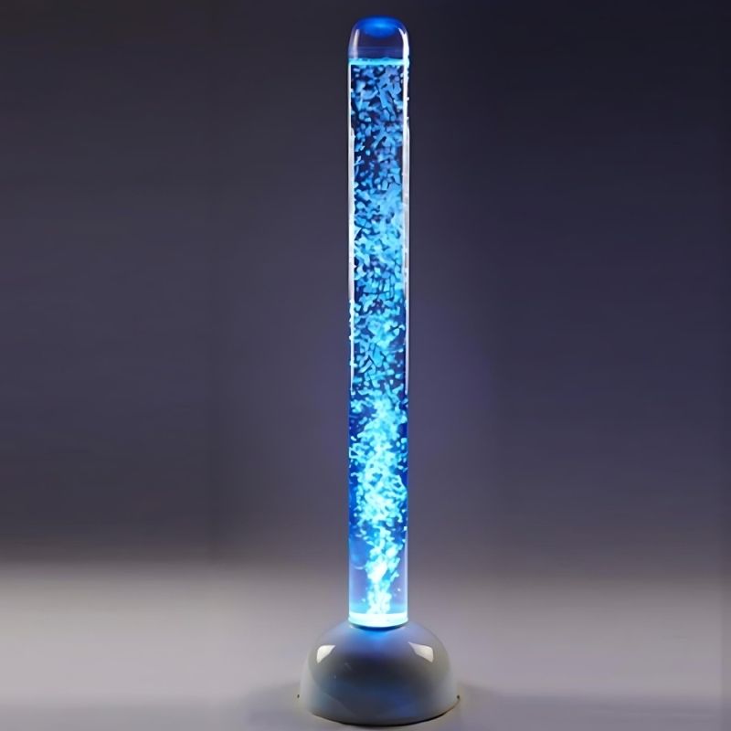 Experia Superactive LED Bubble Tube glowing in blue light, showing the wireless colour-controlled sensory bubble tube in a sensory room environment