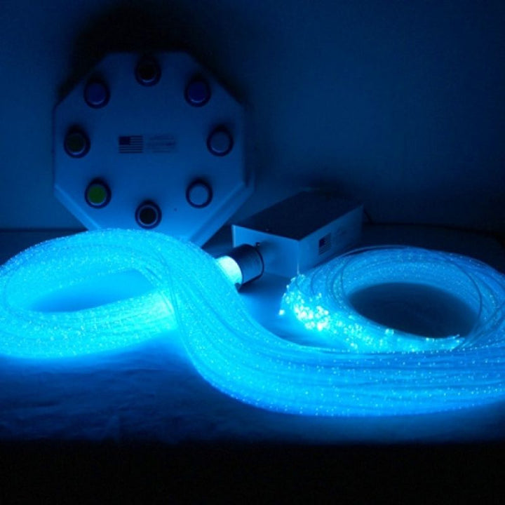 Experia Superactive LED Fibre Optic Bundle in cyan light demonstrating the colour-changing fibre optic strands that can be laid across a person's lap for a hands-on sensory experience