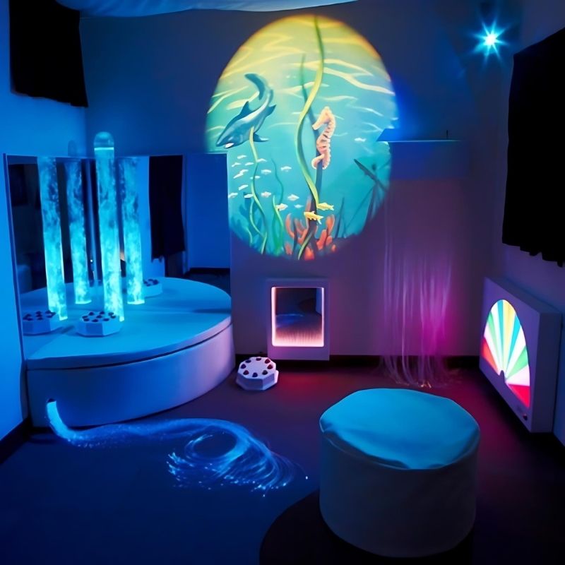 Experia Superactive Sensory Room complete setup showing bubble tube, fibre optics, infinity tunnel, and fanlite in the fully interactive wireless multi-sensory room package