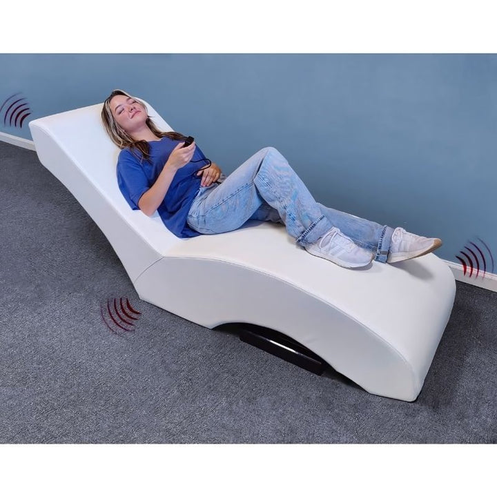 Experia Vibroacoustic Lounger third landscape view showing the full profile of the Bluetooth vibroacoustic lounger with Sound Bar or Headphone configuration options