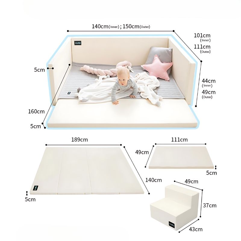 Ggumbi Lucky Star Clean Bumper Play Room Extra Large Ivory detailed dimension display showing the 150cm x 111cm x 49cm assembled measurements and 5cm bumper panel thickness