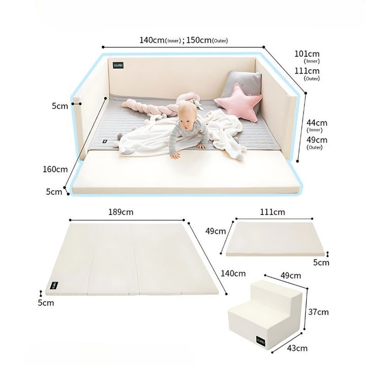 Ggumbi Lucky Star Clean Bumper Play Room Extra Large Ivory detailed dimension display showing the 150cm x 111cm x 49cm assembled measurements and 5cm bumper panel thickness