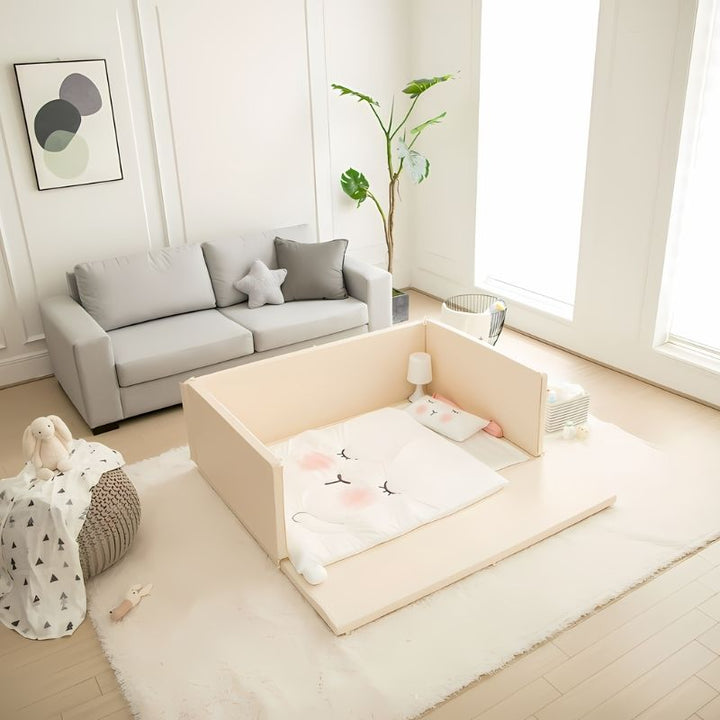 Ggumbi Lucky Star Clean Bumper Play Room Extra Large Ivory landscape indoor view showing the full assembled baby play room in a modern home setting with Ivory panels blending with home decor