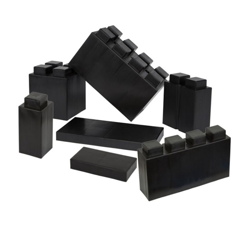 The full assortment of shapes in the EverBlock Kids Blocks Play Pack shown in black, a single-colour option for these giant building blocks