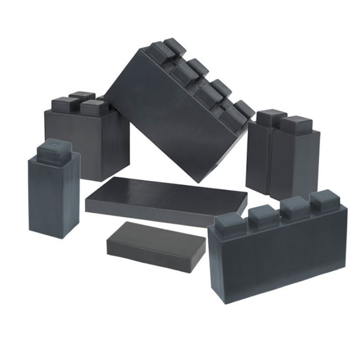 The full assortment of shapes in the EverBlock Kids Blocks Play Pack shown in dark grey, a single-colour option for these giant building blocks