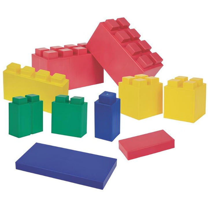 Full, Half, Quarter, and Line Blocks from the EverBlock Kids Blocks Play Pack laid out individually in red, yellow, green and blue