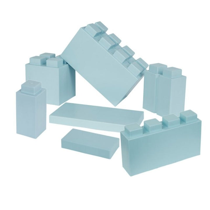 The full assortment of shapes in the EverBlock Kids Blocks Play Pack shown in light blue, a single-colour option for these giant building blocks