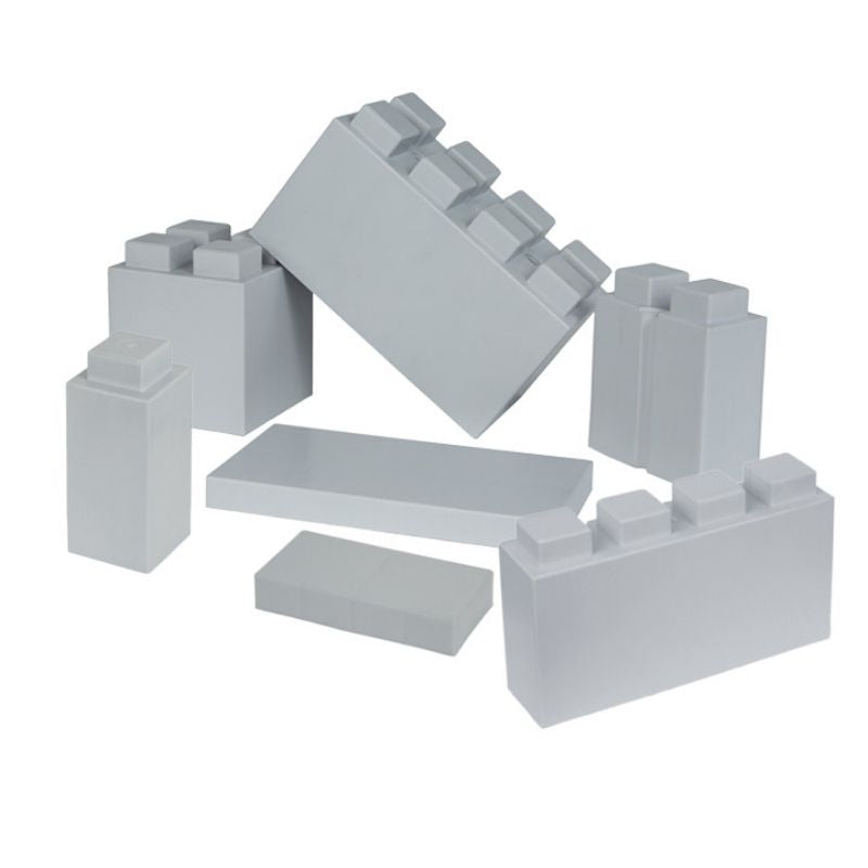 The full assortment of shapes in the EverBlock Kids Blocks Play Pack shown in light grey, a single-colour option for these giant building blocks