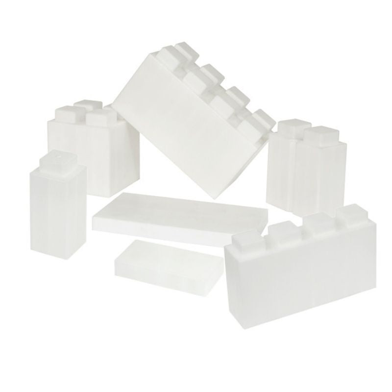 The full assortment of shapes in the EverBlock Kids Blocks Play Pack shown in translucent plastic, a single-colour option for these giant building blocks