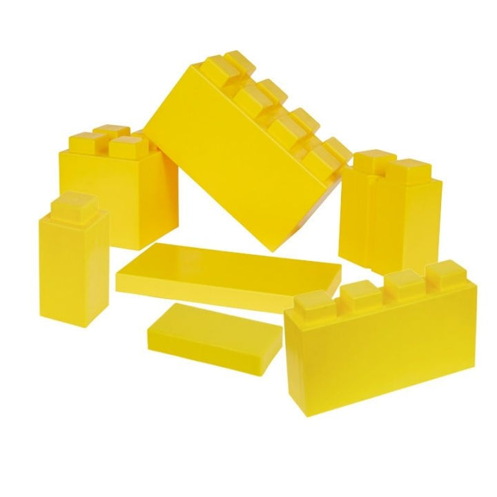 The full assortment of shapes in the EverBlock Kids Blocks Play Pack shown in yellow, a single-colour option for these giant building blocks