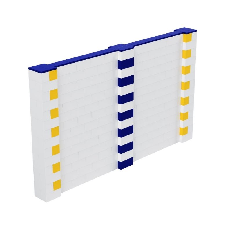 A modular wall built with white, blue and yellow giant building blocks from the EverBlock Large Starter Kit, shown as a room divider