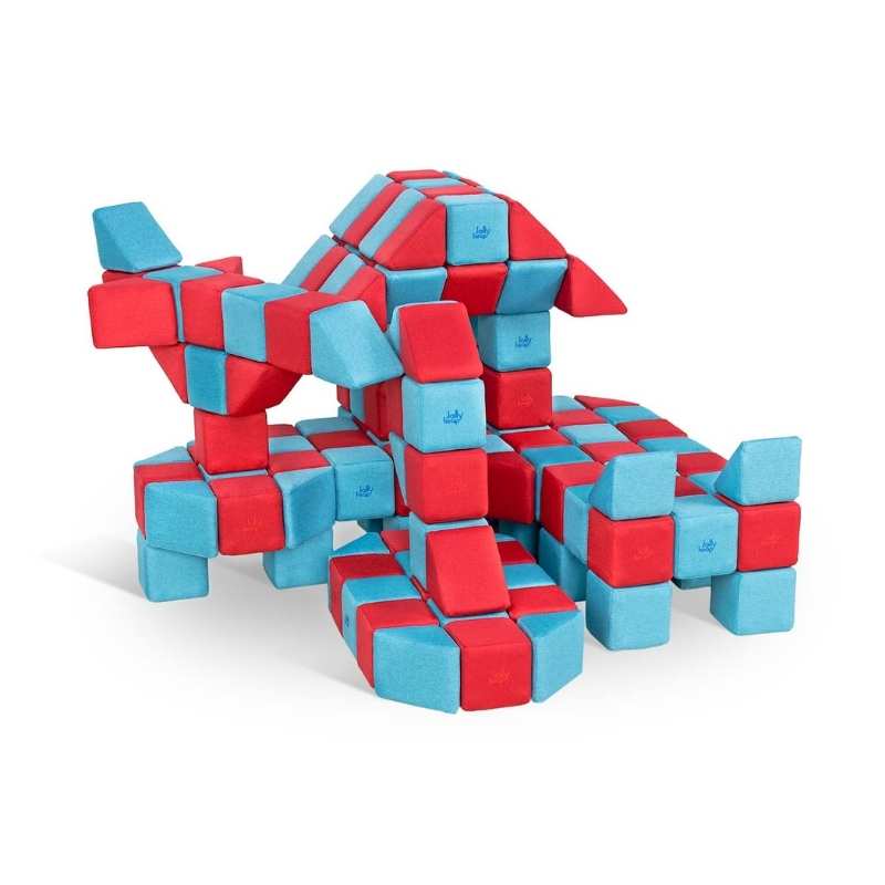 Horned animal figure built from JollyHeap Joy giant magnetic building blocks in blue and red, demonstrating creative figure building