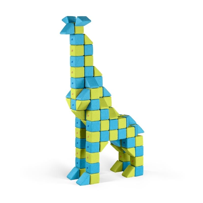 JollyHeap Joy giant magnetic building blocks assembled into a tall giraffe figure in blue and lime green, showing the large scale construction the set supports