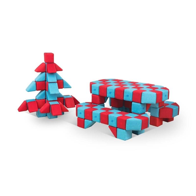Third angle of a tree and picnic table built from JollyHeap Joy giant magnetic building blocks, highlighting the checkerboard block pattern
