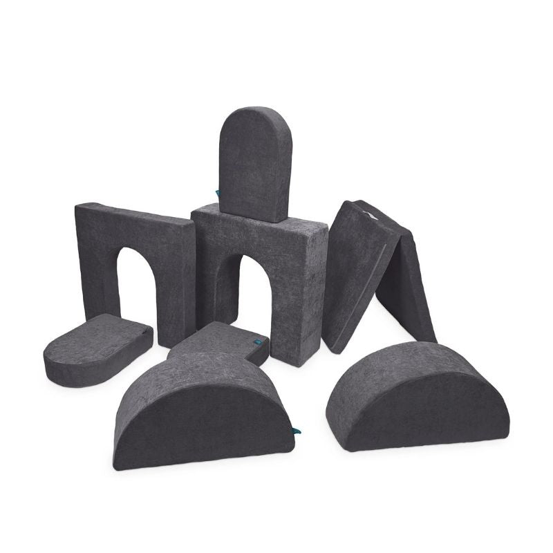 Go Coconut Architect Bundle in Charcoal Chill showing the 8-piece modular foam play couch set with exclusive half-moon pieces for dome, rocker, and arch configurations, 100% made in Canada