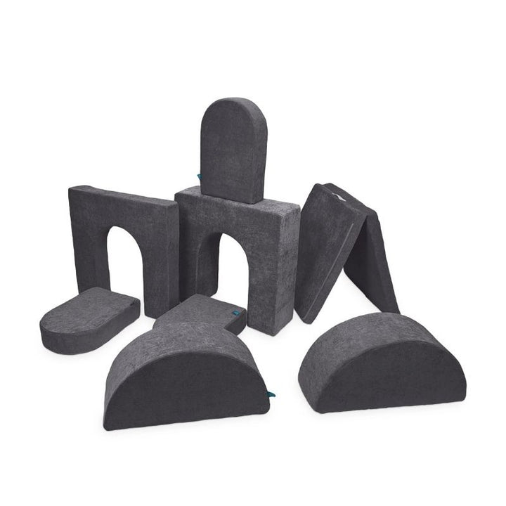 Go Coconut Architect Bundle in Charcoal Chill showing the 8-piece modular foam play couch set with exclusive half-moon pieces for dome, rocker, and arch configurations, 100% made in Canada