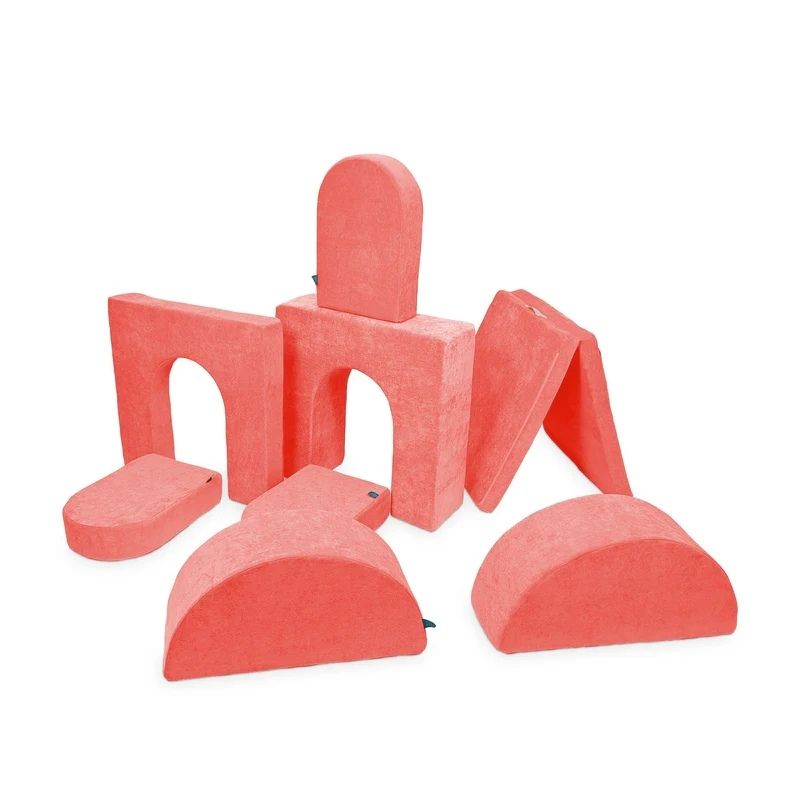 Go Coconut Architect Bundle in Coral Crush showing the full 8-piece modular CertiPUR foam play couch with half-moon rockers and five distinct shape types for Go Coconut's most versatile bundle