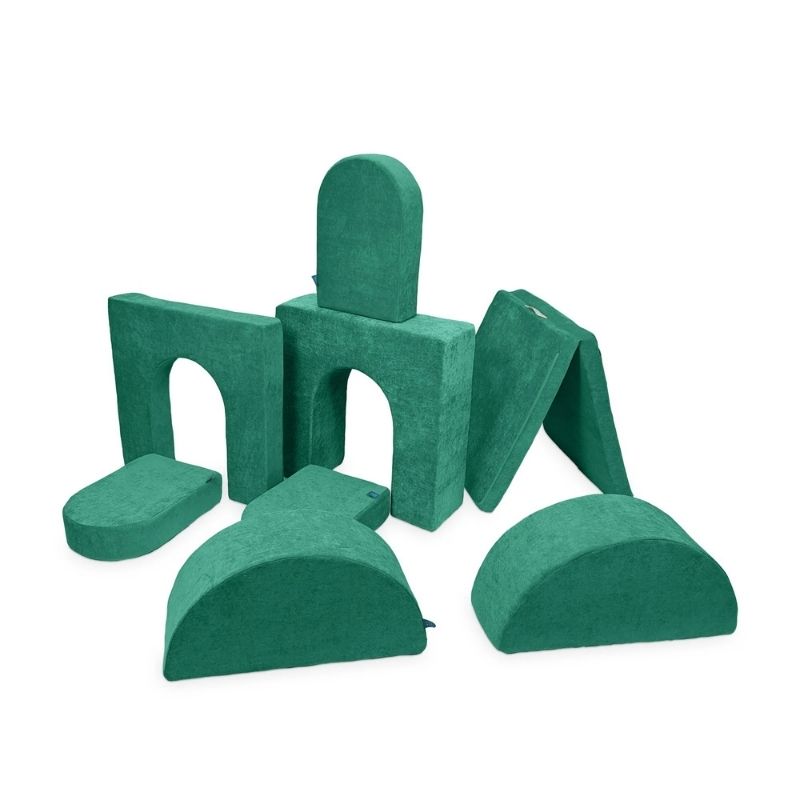 Go Coconut Architect Bundle in Forest Fern showing the modular CertiPUR foam play couch with exclusive half-moon rocker pieces and Durable Micro Velveteen covers made in Canada with lifetime warranty