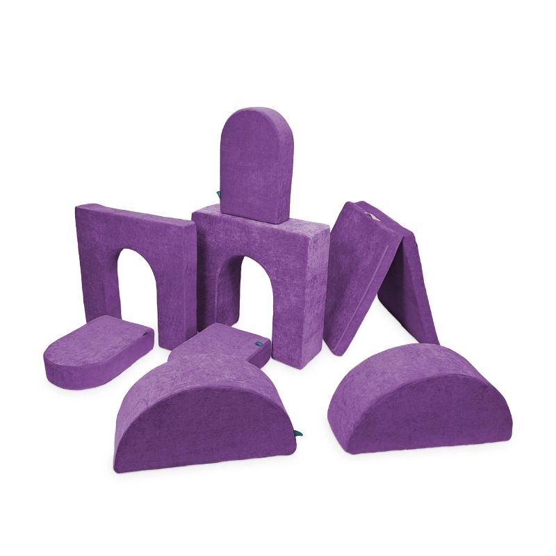 Go Coconut Architect Bundle in Groovy Grape showing the full 8-piece modular play couch set with half-moon rockers, thick and thin walls, 3 doors, and thin base, 100% made in Canada with lifetime warranty