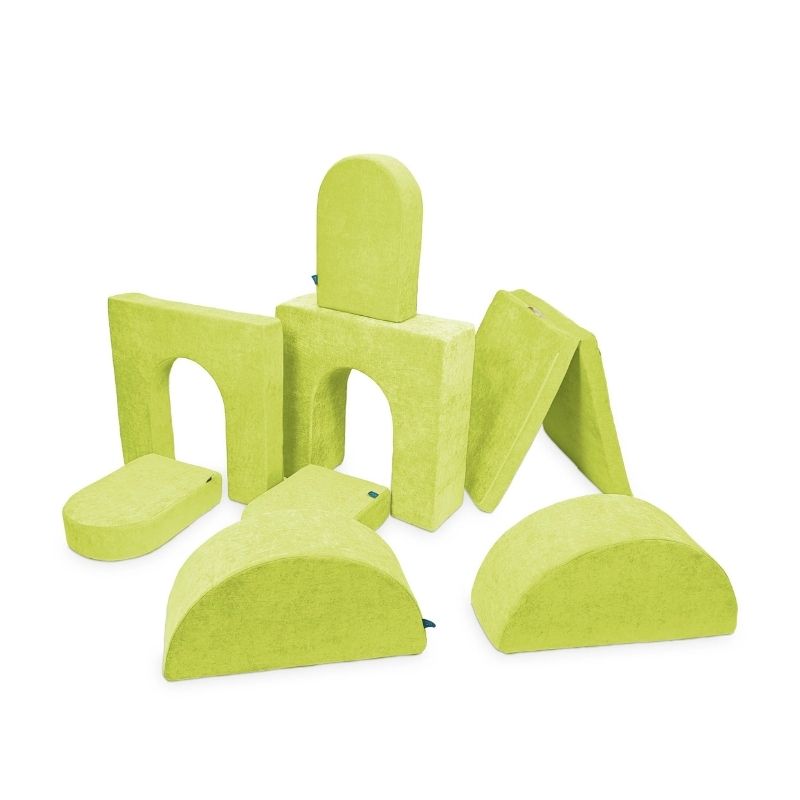 Go Coconut Architect Bundle in Lima Limon showing the full 8-piece CertiPUR foam modular play couch with half-moon pieces, thick and thin walls, 3 doors, and thin base, 100% made in Canada