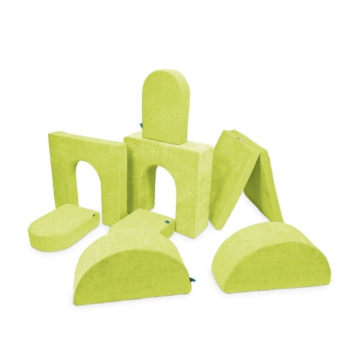 Go Coconut Architect Bundle in Lima Limon showing the full 8-piece CertiPUR foam modular play couch with half-moon pieces, thick and thin walls, 3 doors, and thin base, 100% made in Canada