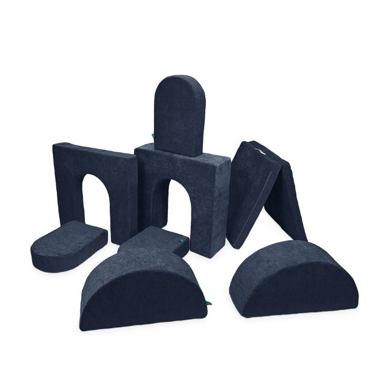 Go Coconut Architect Bundle in Midnight Tide showing the full 8-piece CertiPUR foam play couch with thick freestanding wall, thin wall, 3 doors, 2 half-moons, and thin base modules