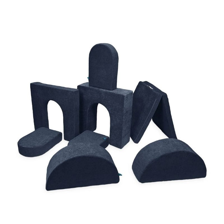 Go Coconut Architect Bundle in Midnight Tide showing the full 8-piece CertiPUR foam play couch with thick freestanding wall, thin wall, 3 doors, 2 half-moons, and thin base modules