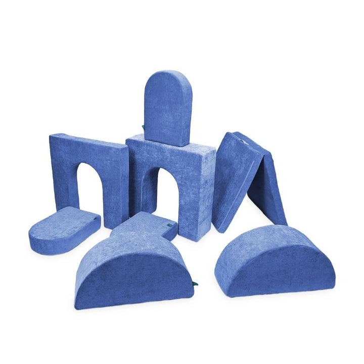 Go Coconut Architect Bundle in Moon Melon showing the 8-piece modular foam play couch with half-moon rocker pieces and Durable Micro Velveteen covers made 100% in Canada with lifetime warranty