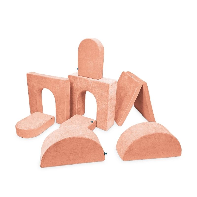 Go Coconut Architect Bundle in Peach Party showing the 8-piece modular foam play couch with exclusive half-moon pieces, CertiPUR-US certified foam, and machine-washable Durable Micro Velveteen cover