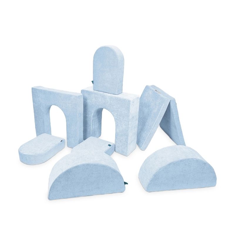 Go Coconut Architect Bundle in Polar Plush showing all 8 pieces - thin wall, thick wall, 3 doors, 2 half-moon rockers, and thin base - Go Coconut's largest modular foam play couch bundle, 100% made in Canada