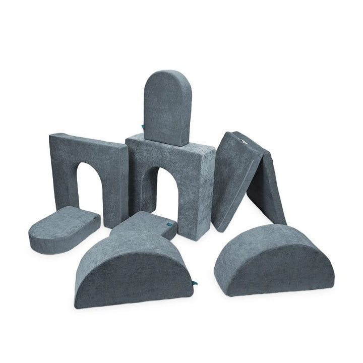 Go Coconut Architect Bundle in River Stone showing the 8-piece CertiPUR foam modular play couch with exclusive half-moon pieces and the full five shape types available in Go Coconut's largest bundle