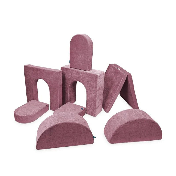 Go Coconut Architect Bundle in Rose Blush showing the 8-piece CertiPUR certified foam modular play couch with Durable Micro Velveteen cover and exclusive half-moon and thin base pieces, 100% made in Canada