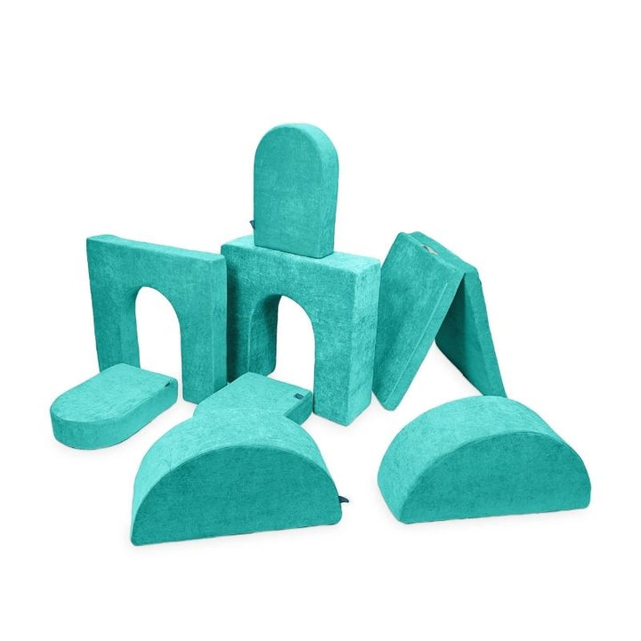 Go Coconut Architect Bundle in Tropical Teal showing the modular foam play couch with 8 pieces in five shape types including exclusive half-moon rockers for Go Coconut's largest bundle