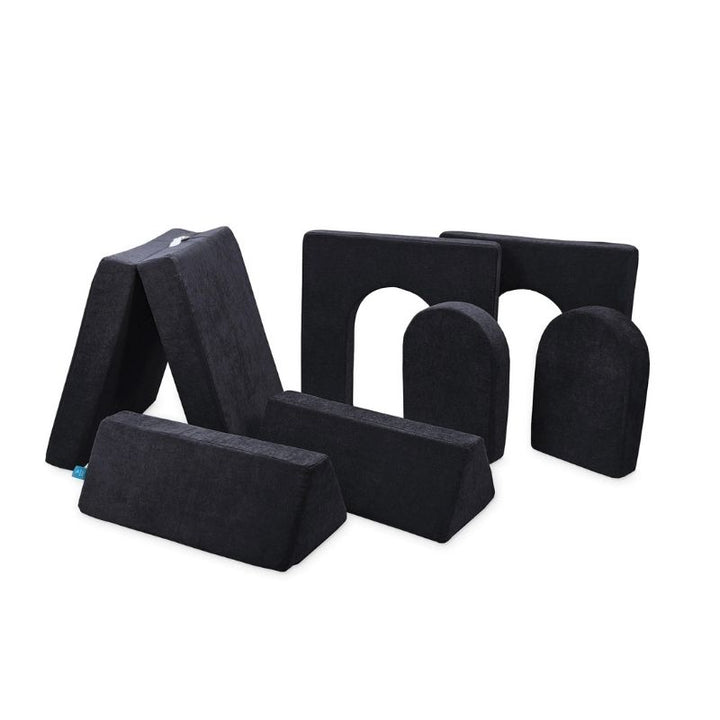 Go Coconut Builder Bundle in Blackberry Shadow showing the 7-piece CertiPUR fort building play couch with Durable Micro Velveteen covers and lifetime warranty, made in Canada